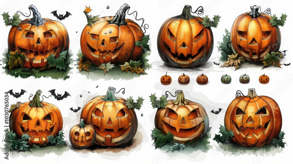 A delightful and colorful series of jack-o-lanterns, each with a distinctive carved face and surrounded by small festive elements like bats and acorns, set against a subtle backdrop for a charming Hal A delightful and colorful series of jack-o-lanterns, each with a distinctive carved face and surrounded by small festive elements like bats and acorns, set against a subtle backdrop for a charming Hal