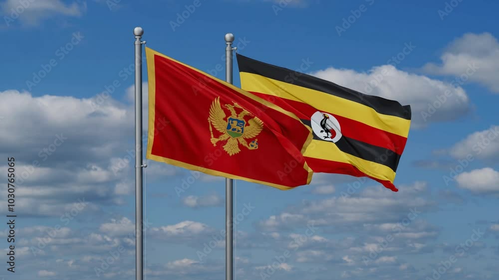 Republic of Uganda and Montenegro flags flying together, video concept of the relationship, two country cooperation concept Republic of Uganda and Montenegro flags flying together, video concept of the relationship, two country cooperation concept