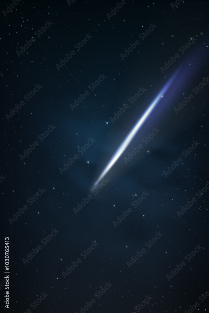 Fototapeta premium Bright Comet Tail,Glowing Comet Flies in Space in Night Sky and Star Background,Starry Universe Blue Galaxy,Cloud,Nebula,Nature Stardust field in deep universe, Milky way galaxy