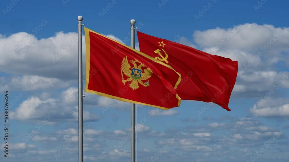 Soviet Union or USSR and Montenegro flags flying together, video concept of the relationship, two country cooperation concept Soviet Union or USSR and Montenegro flags flying together, video concept of the relationship, two country cooperation concept