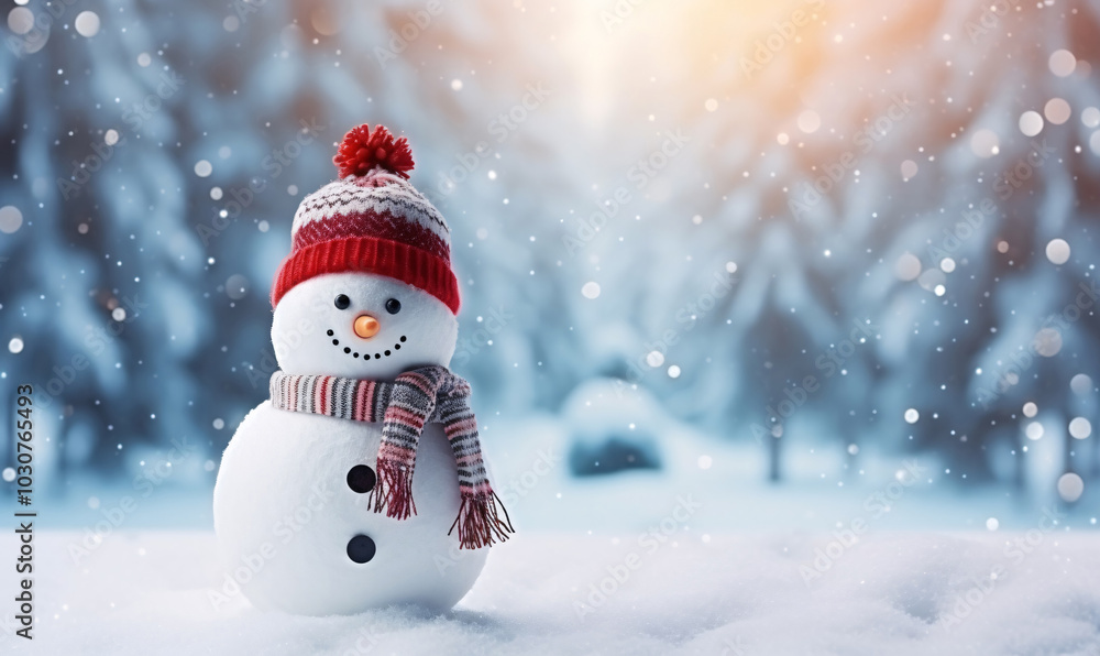 Happy snowman standing in winter in snowy landscape. Merry Christmas and Happy New Year greeting card. Happy snowman standing in winter in snowy landscape. Merry Christmas and Happy New Year greeting card.