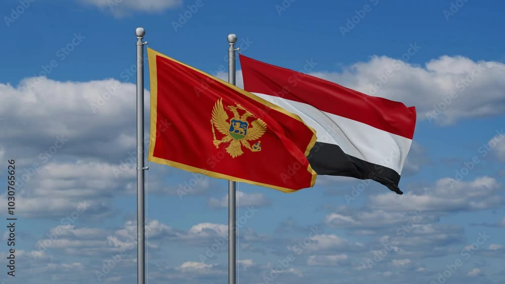 Yemen and Montenegro flags flying together, video concept of the relationship, two country cooperation concept Yemen and Montenegro flags flying together, video concept of the relationship, two country cooperation concept