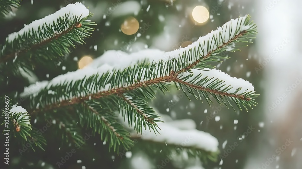 Close-up of a snow-covered pine branch with falling snow in the background. Close-up of a snow-covered pine branch with falling snow in the background.