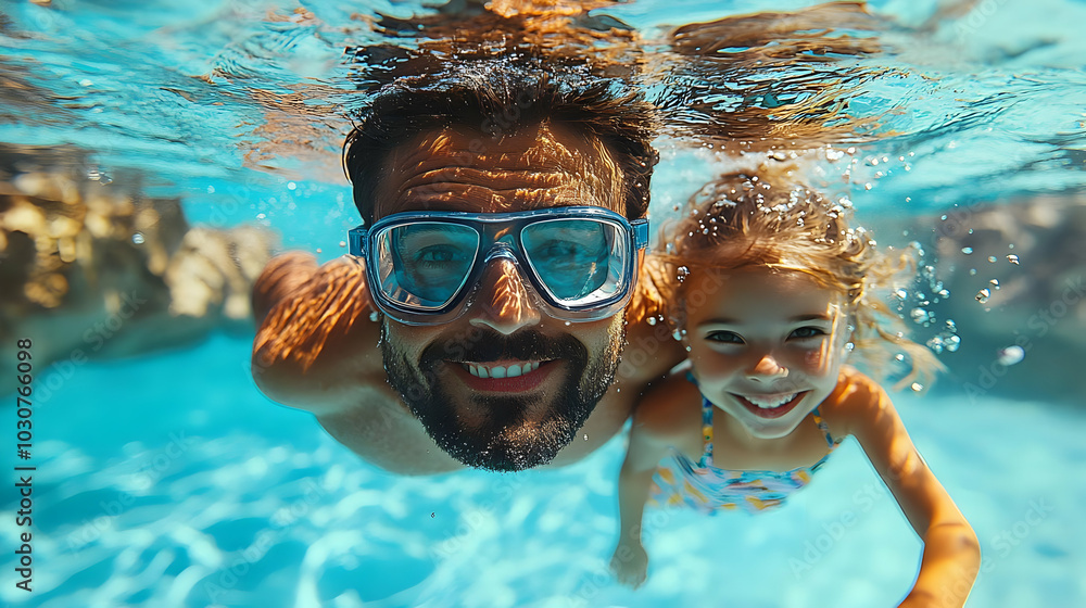 Naklejka premium A joyful underwater moment between a father and daughter.