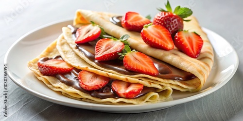 French crepes with chocolate spread and strawberries on a white plate photo