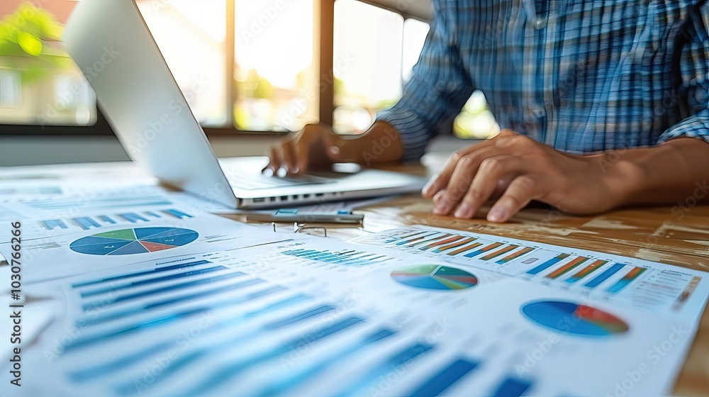 Focused businessman at desk with financial documents and laptop displaying earnings reports, conveying determination and attention to financial data analysis. Focused businessman at desk with financial documents and laptop displaying earnings reports, conveying determination and attention to financial data analysis.