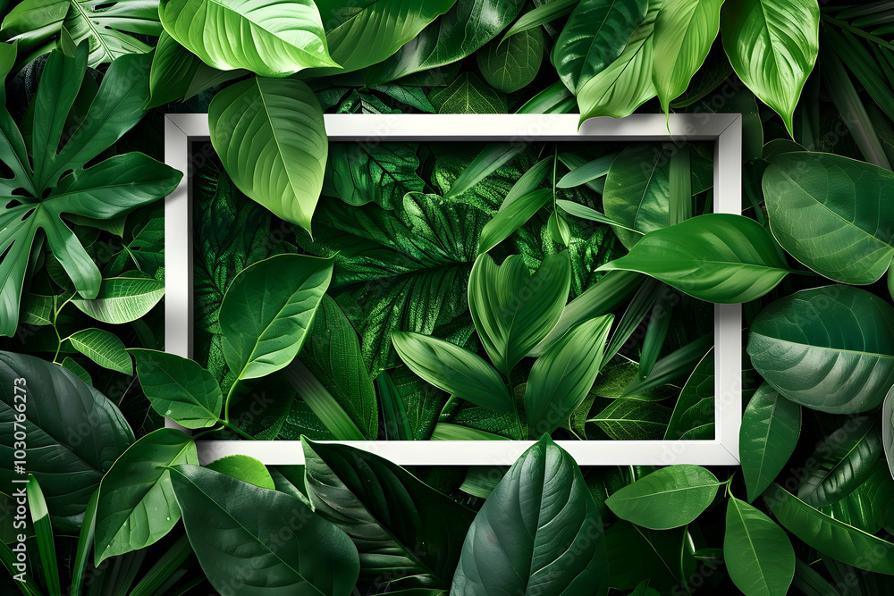 Obraz premium A white rectangular frame surrounded by lush green leaves, symbolizing growth 