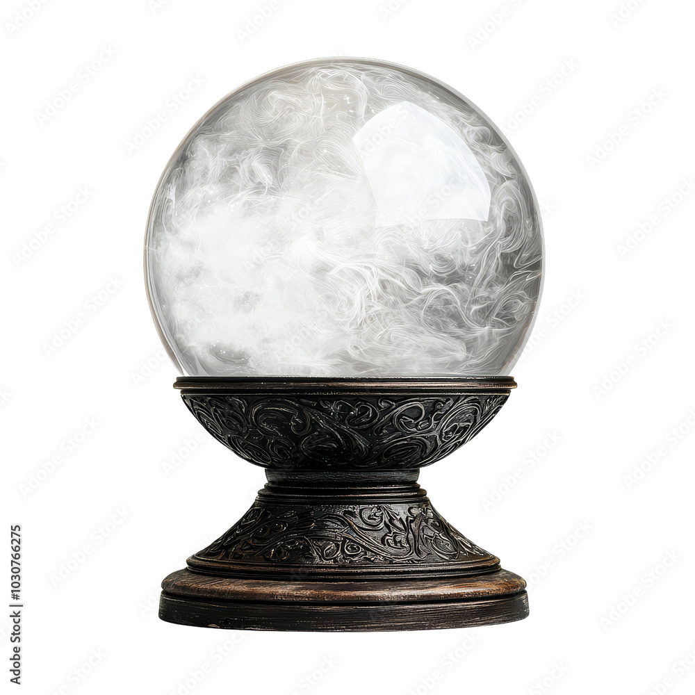 Crystal Ball Prophecy: A mesmerizing crystal ball, suspended on an ornate stand, holds a swirling mist, hinting at secrets and mysteries to be revealed. Crystal Ball Prophecy: A mesmerizing crystal ball, suspended on an ornate stand, holds a swirling mist, hinting at secrets and mysteries to be revealed.