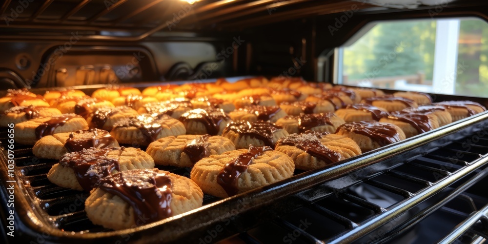 A close-up of freshly baked cookies with chocolate icing, resting on a wire rack inside an oven, ready to be enjoyed. A close-up of freshly baked cookies with chocolate icing, resting on a wire rack inside an oven, ready to be enjoyed.
