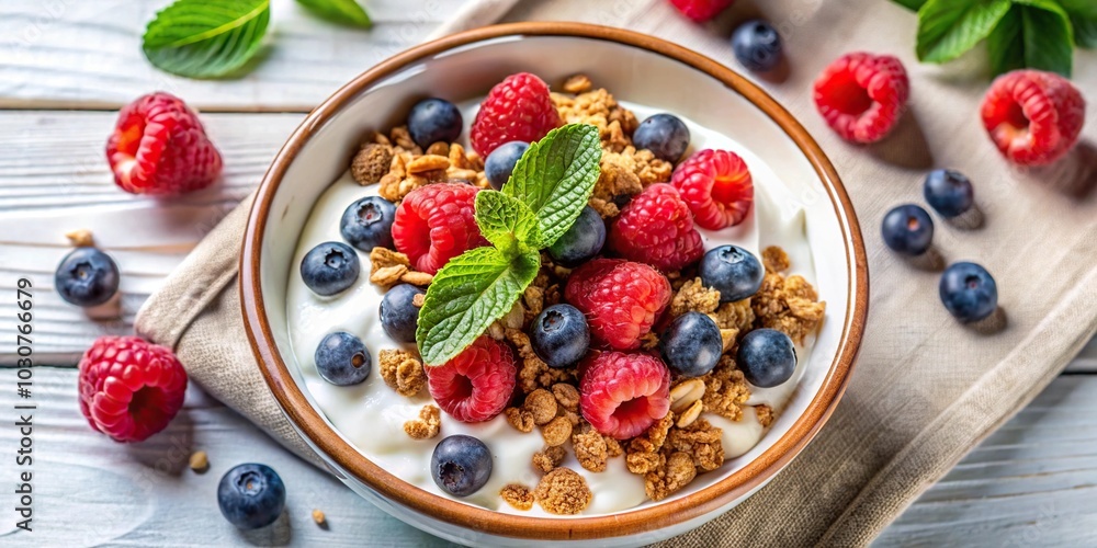 Fresh and healthy breakfast yogurt bowl with granola, raspberries, blueberries from high angle view Fresh and healthy breakfast yogurt bowl with granola, raspberries, blueberries from high angle view