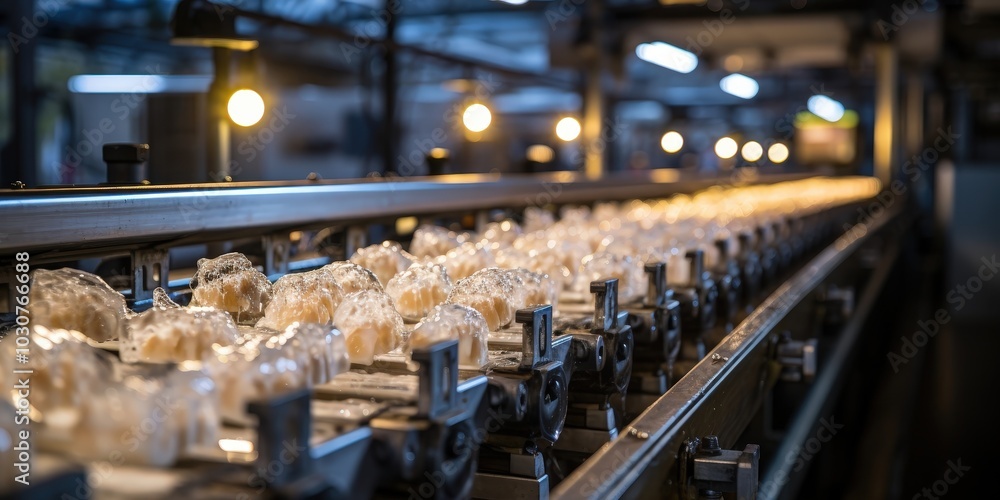 A Close Up Of A Conveyor Belt In A Factory With Wrapped Products Moving Along It A Close Up Of A Conveyor Belt In A Factory With Wrapped Products Moving Along It