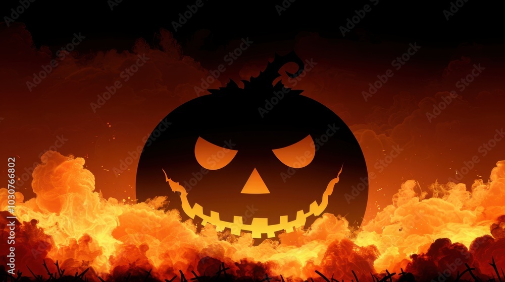 Fototapeta premium A fiery Halloween pumpkin emits an eerie glow amidst blazing flames, embodying the essence of a spooky and thrilling Halloween.