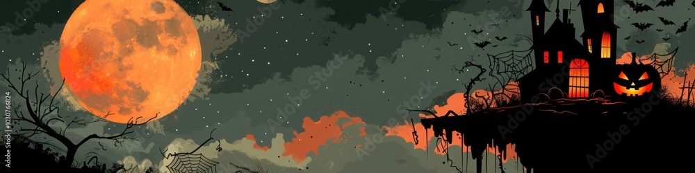 A stylized haunted castle under an orange moon, with bats flying and twisted trees, creates a perfect spooky Halloween scene.
A stylized haunted castle under an orange moon, with bats flying and twisted trees, creates a perfect spooky Halloween scene.