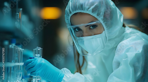 Scientist in protective gear conducting laboratory experiments.