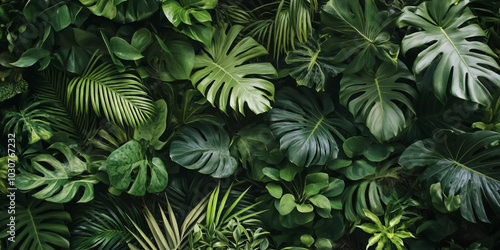 Tropical leaves pattern with bright bold green tones photo