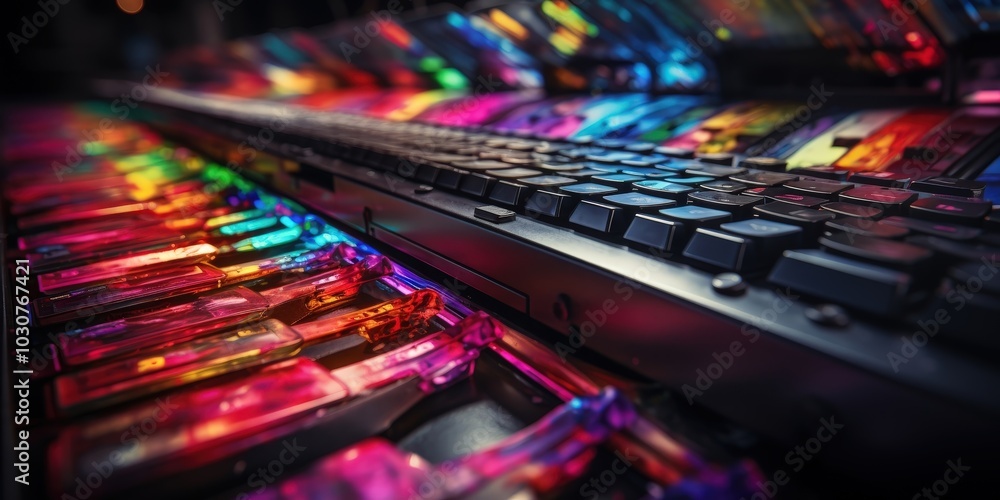A close up view of a keyboard, showcasing vibrant colored lights reflecting on the keys and a metallic surface beneath A close up view of a keyboard, showcasing vibrant colored lights reflecting on the keys and a metallic surface beneath