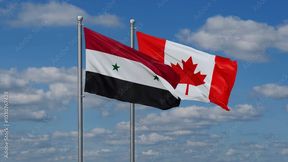 Canada and Syria flags flying together, video concept of the relationship, two country cooperation concept Canada and Syria flags flying together, video concept of the relationship, two country cooperation concept