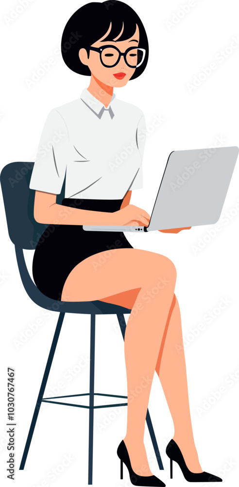 woman working on computer, laptop in office, working woman, vacancies, beautiful girl, sitting on bar stool, wearing glasses. Full-length character.Vector isolated illustration. Flat character portrai woman working on computer, laptop in office, working woman, vacancies, beautiful girl, sitting on bar stool, wearing glasses. Full-length character.Vector isolated illustration. Flat character portrai