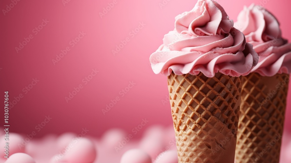 Close-up of two pink frozen dessert cones on a pink background, with a blurry background of pink spheres. Close-up of two pink frozen dessert cones on a pink background, with a blurry background of pink spheres.