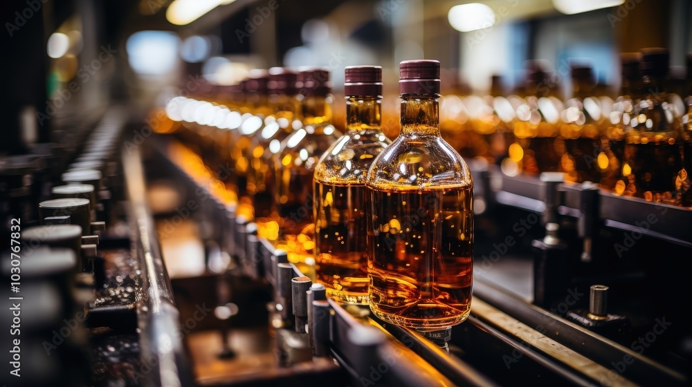 Bottles of amber liquid travel along a conveyor belt, their glass surfaces reflecting the light from the factory ceiling. Bottles of amber liquid travel along a conveyor belt, their glass surfaces reflecting the light from the factory ceiling.