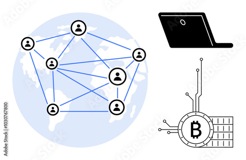 Network of interconnected people across the world, a laptop symbolizes digital access, and a Bitcoin symbol represents cryptocurrency. Ideal for technology, network, cryptocurrency, digital finance