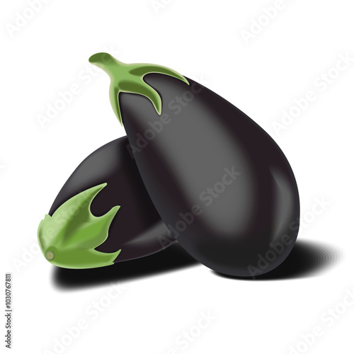 two eggplants, vegetables. Icons 3d realistic render vector object. eggplant healthy vegetable. Icons 3d realistic render vector object. ripe, green, vegetable, eggplant, vegetarian, ingredient, food,