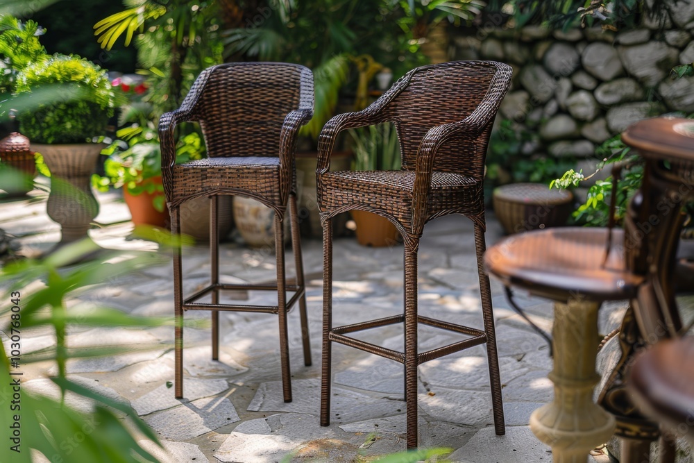 Outdoor Wicker Barstools with Arms and Backrests in Brown Finish Outdoor Wicker Barstools with Arms and Backrests in Brown Finish