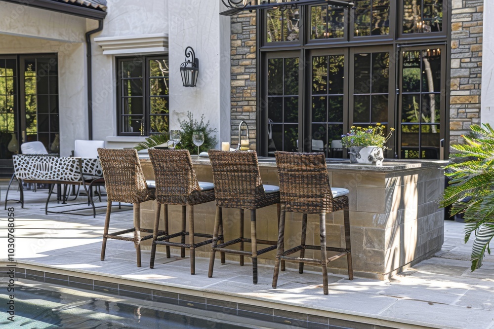 Naklejka premium Outdoor Wicker Barstools with Arms and Backrests in Brown Finish