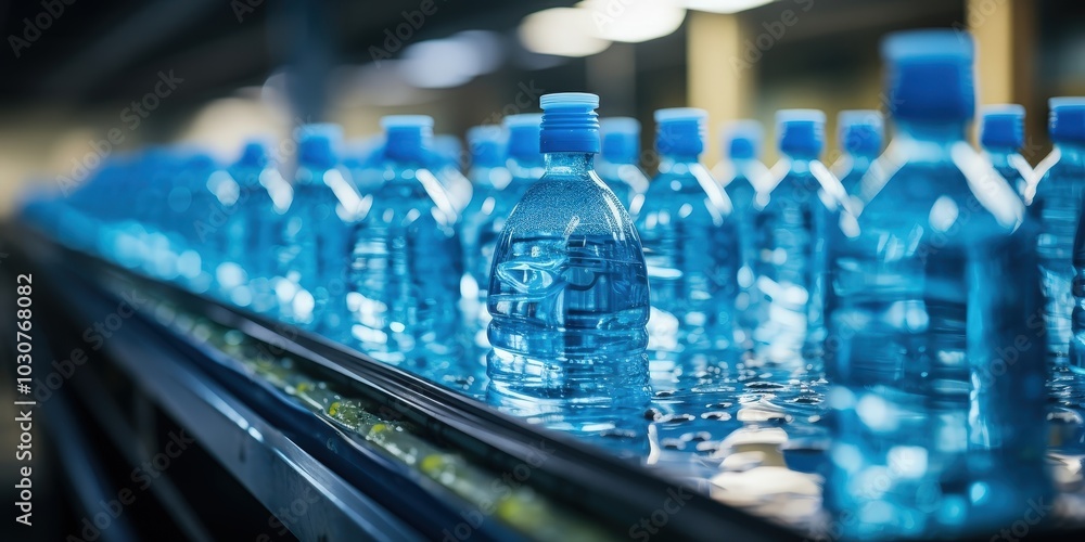 A row of plastic water bottles move along a conveyor belt, reflecting the light from the factory above A row of plastic water bottles move along a conveyor belt, reflecting the light from the factory above