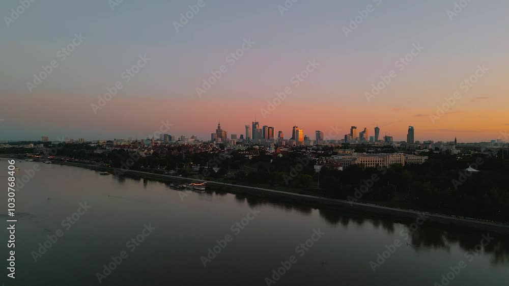 Aerial drone photography. Panoramic view of sunset over Warsaw. Panoramic view of Warsaw city center and Vistula river Aerial drone photography. Panoramic view of sunset over Warsaw. Panoramic view of Warsaw city center and Vistula river