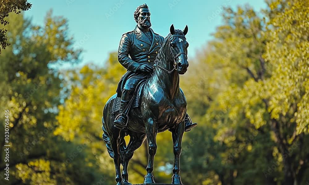 A bronze statue of a mounted figure in a park, surrounded by trees. A bronze statue of a mounted figure in a park, surrounded by trees.