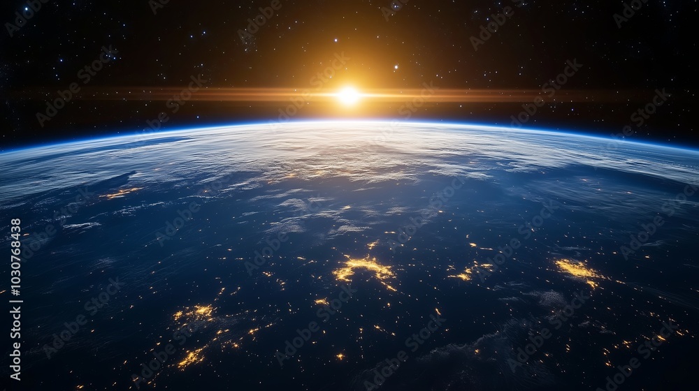 Obraz premium A dark sky with a bright sun in the background. The sun is shining on the planet and the moon