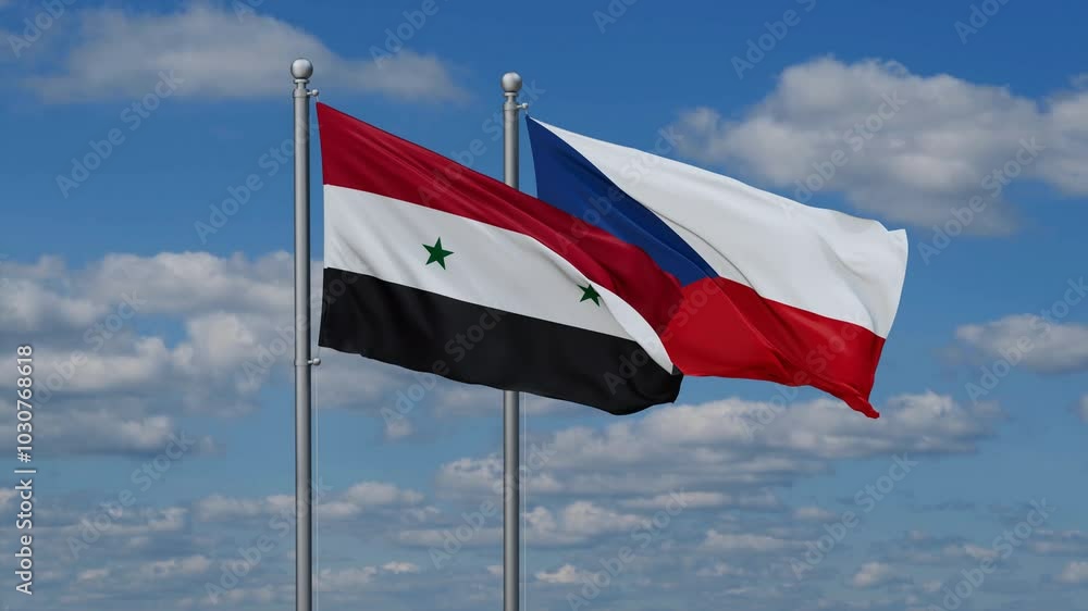 Czech Republic and Syria flags flying together, video concept of the relationship, two country relations concept Czech Republic and Syria flags flying together, video concept of the relationship, two country relations concept
