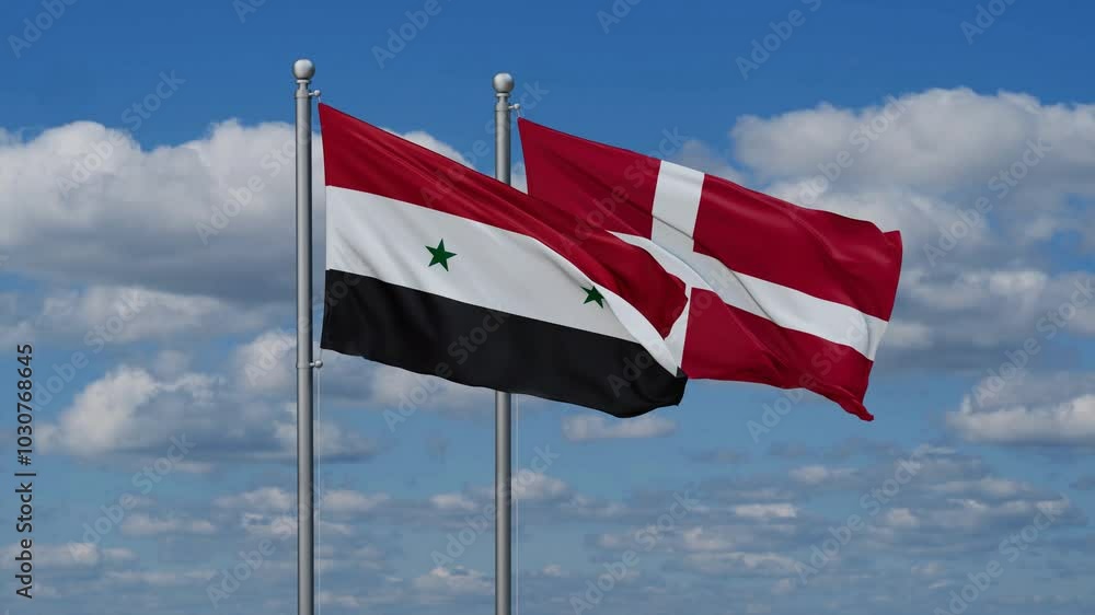 Denmark and Syria flags flying together, video concept of the relationship, two country relations concept Denmark and Syria flags flying together, video concept of the relationship, two country relations concept