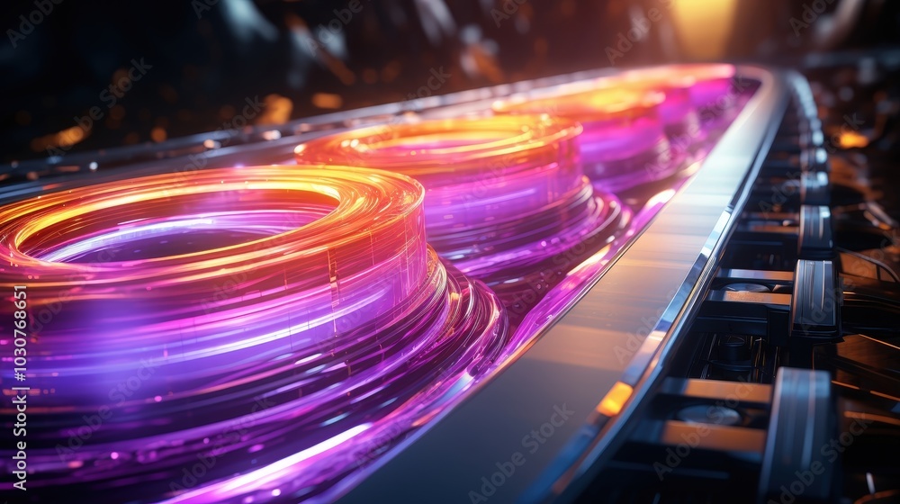 Abstract Futuristic Industrial Design Featuring Glowing Rings of Purple and Orange Light on a Metallic Conveyor Belt Abstract Futuristic Industrial Design Featuring Glowing Rings of Purple and Orange Light on a Metallic Conveyor Belt