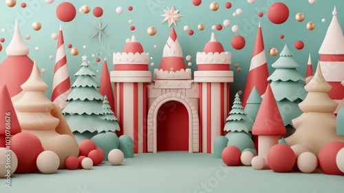 A whimsical winter scene featuring a festive castle amidst snowy trees and festive decorations.
