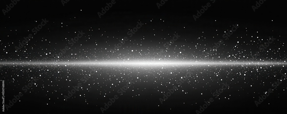 Obraz premium A monochromatic image featuring a luminous, horizontal band amid a starry backdrop, evoking a cosmic or abstract atmosphere.