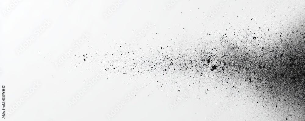 Obraz premium A monochromatic image showcasing a dispersed cloud of black particles against a white background, creating a dynamic visual effect.