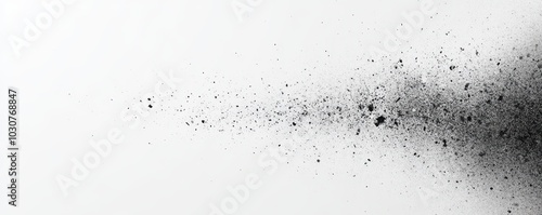 A monochromatic image showcasing a dispersed cloud of black particles against a white background, creating a dynamic visual effect.