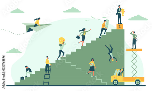 Business competition. Group of entrepreneurs and office workers climb career ladder to achieve success and goals. Business people looking for growth opportunities. Flat vector isolated illustration