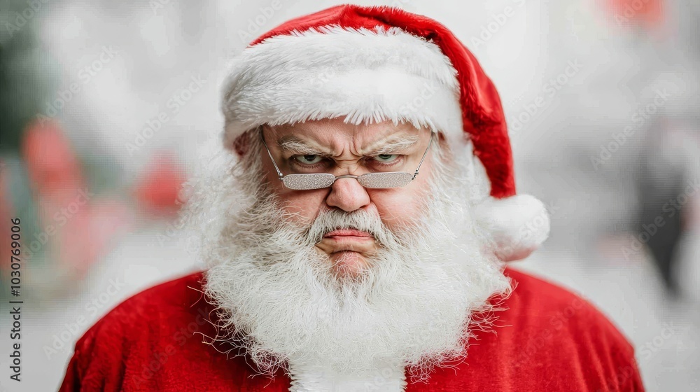 Naklejka premium A comical Santa with a grumpy expression wearing glasses and a traditional red outfit.