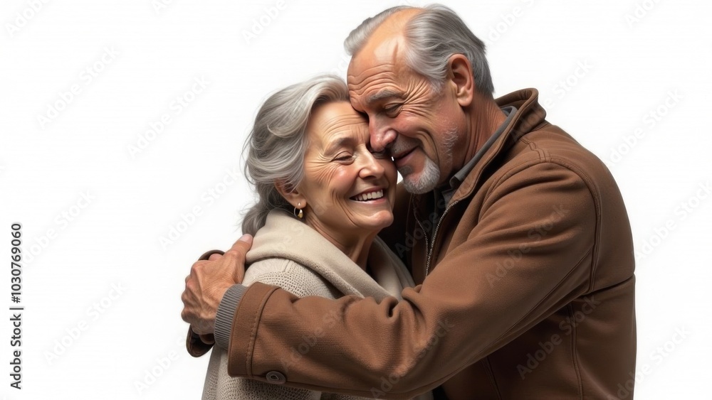 Elderly couple hugging, smiling on a white background, great mood. Free space for text Elderly couple hugging, smiling on a white background, great mood. Free space for text