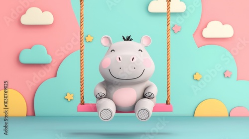A cute baby hippo enjoying a swing against a colorful background with clouds.