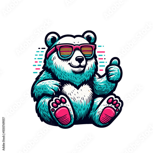Cool cartoon funny bear in sunglasses. Positive vibes. Isolated vector illustration