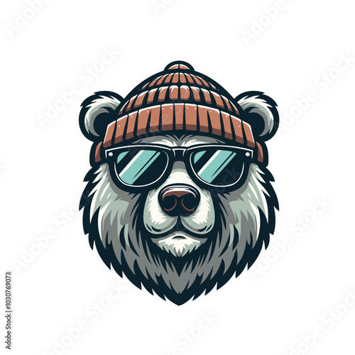 Cool cartoon funny bear in beanie and glasses. Positive vibes. Isolated vector illustration