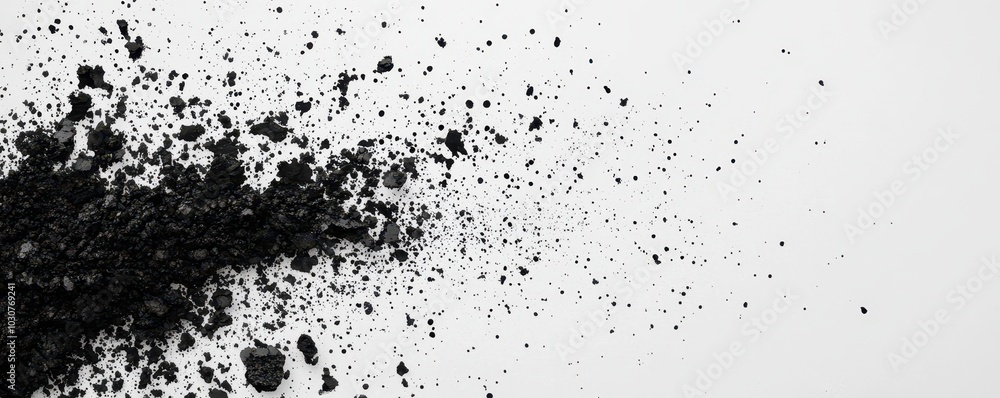 A scattered pile of black powder on a white surface, creating a stark contrast and an artistic composition. A scattered pile of black powder on a white surface, creating a stark contrast and an artistic composition.