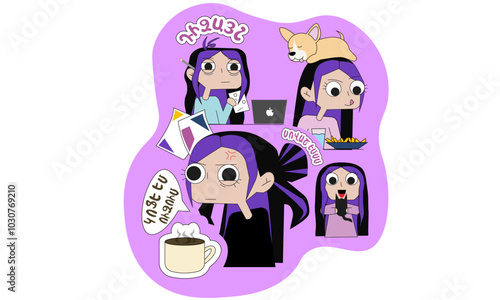 this is a girl cartoon composition illustration with purpule hair, with chihuahua dog, she is a designer photo