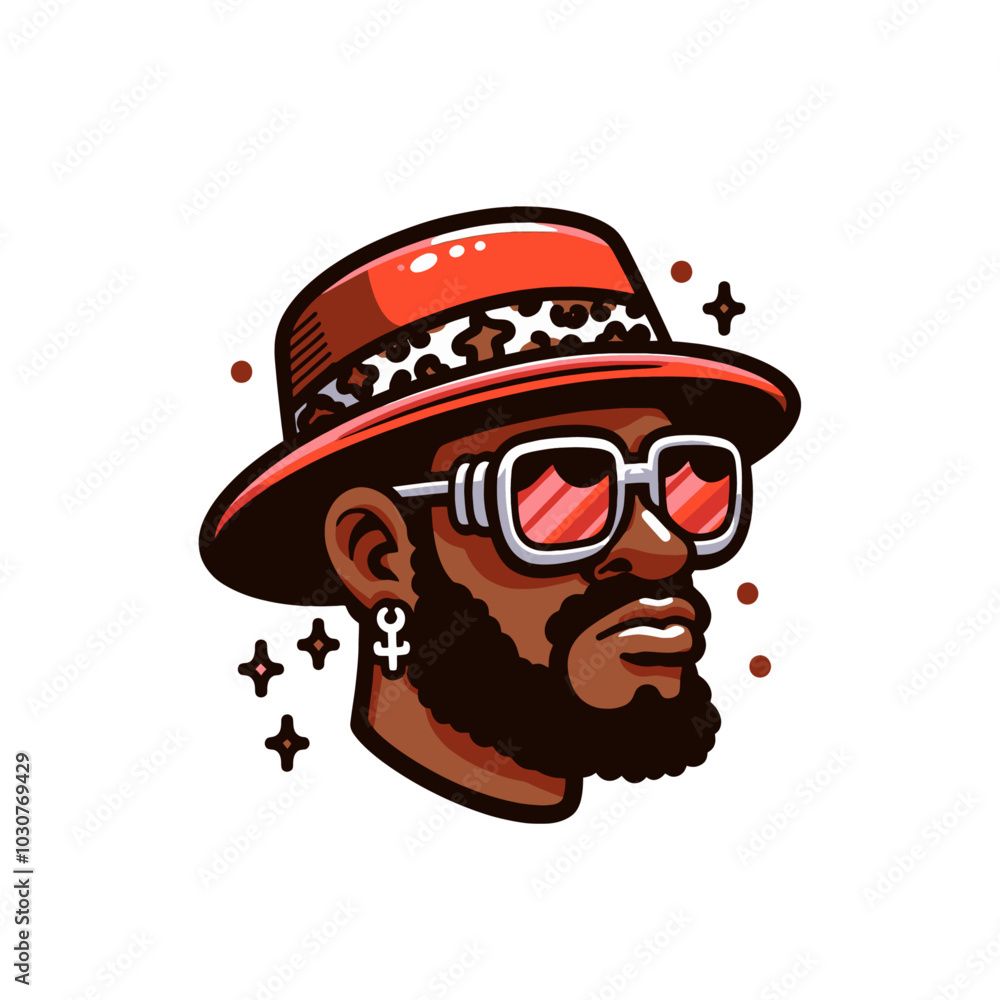 Pimp head in purple hat and gold glasses isolated	
