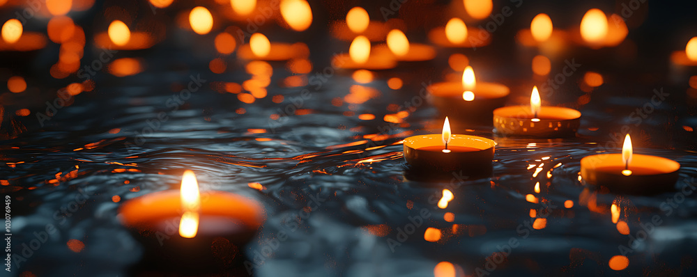 Beautifully glowing candles floating in water during Diwali celebrations, creating a spiritual and serene atmosphere. The reflection of candlelight enhances the festive mood. Beautifully glowing candles floating in water during Diwali celebrations, creating a spiritual and serene atmosphere. The reflection of candlelight enhances the festive mood.