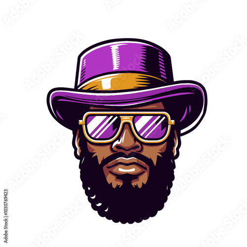 Pimp head in purple hat and gold glasses isolated	
